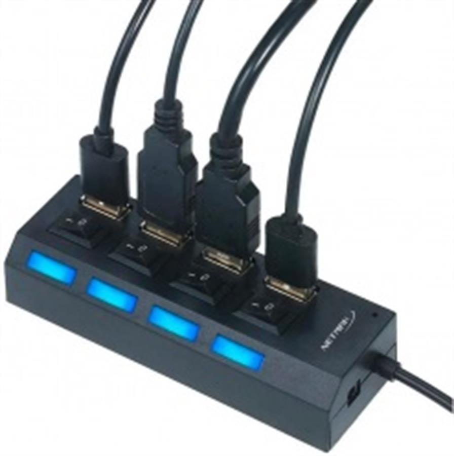 Hub USB 4 Puertos c/Switch + indicador Led individual Netmak NM-AC08