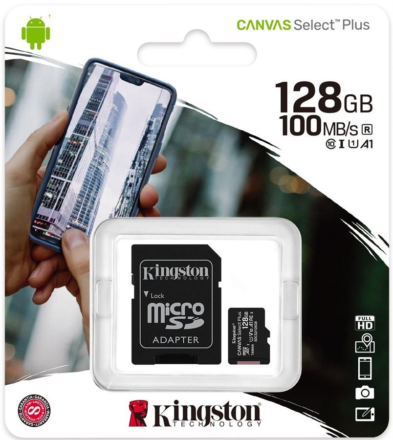 Micro SD 128GB Kingston Canvas Select Plus Clase 10 con Adaptador
