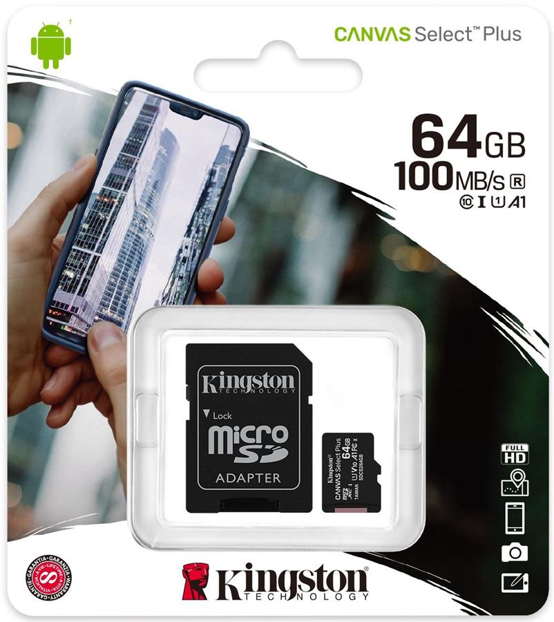 Micro SD 64GB Kingston Canvas Select Plus Clase 10 con Adaptador